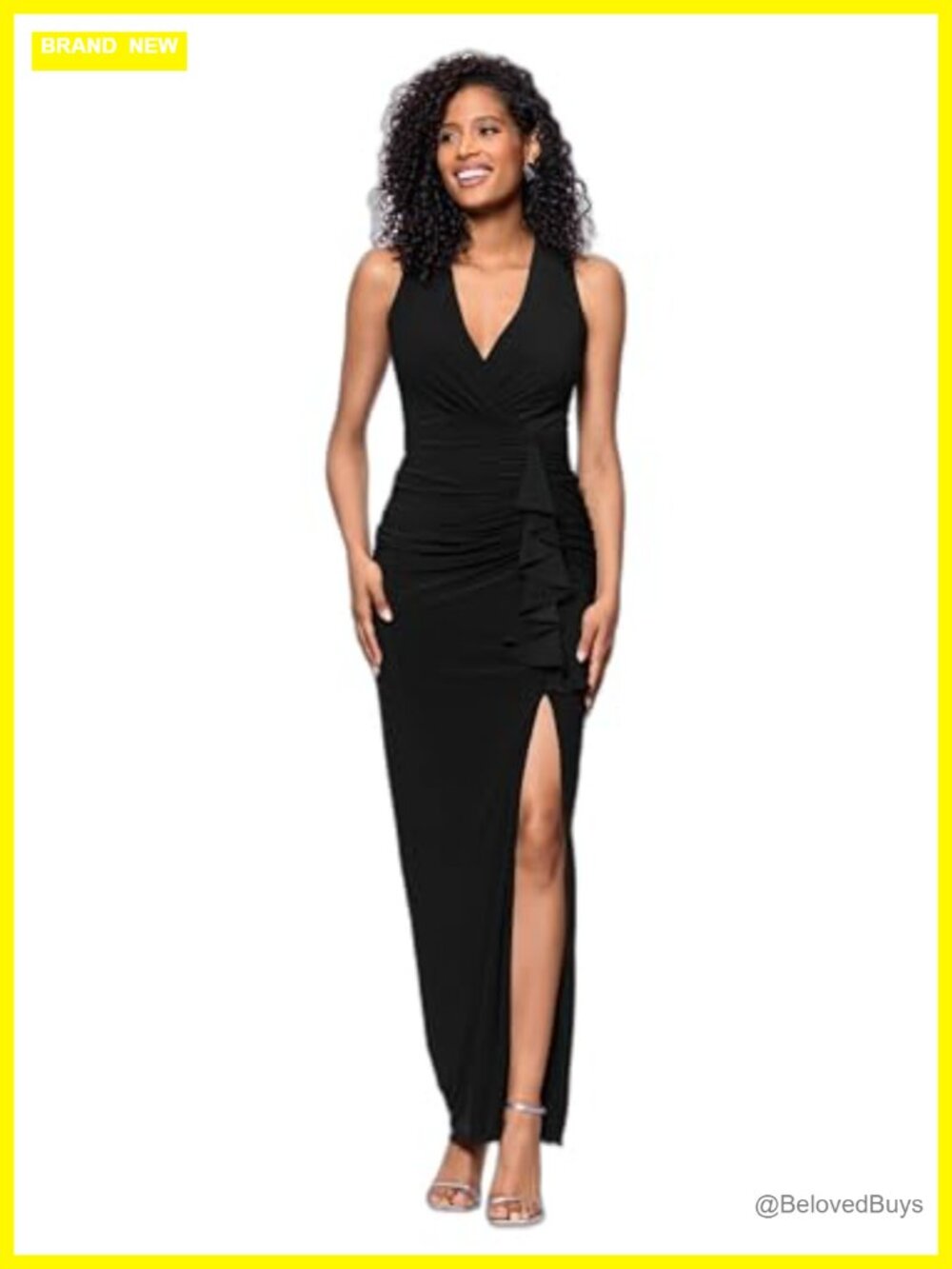 Jersey Knit V-Neck Ruffle Slit Floor Length Dress